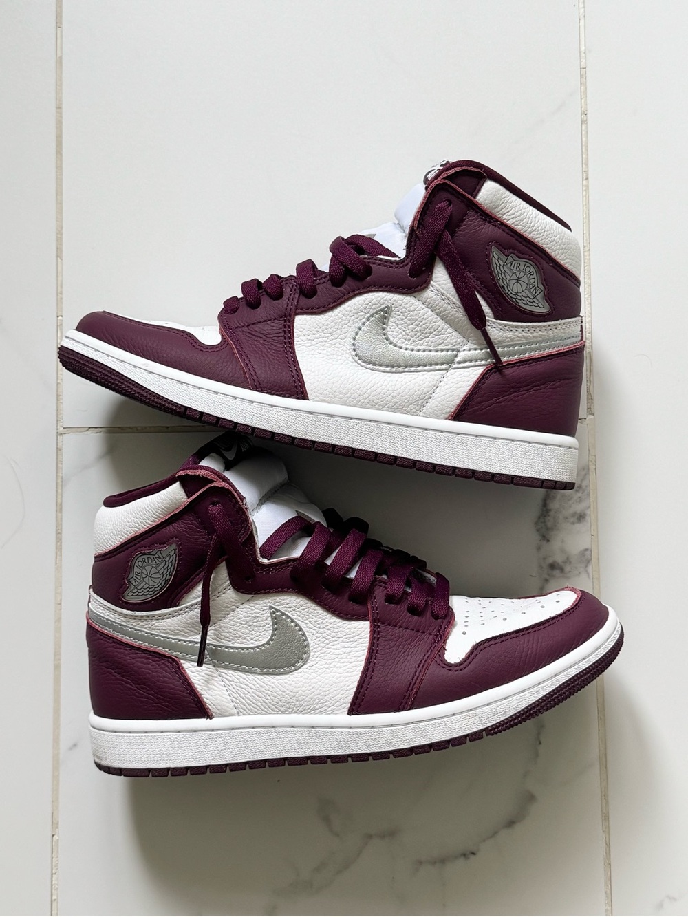 Air Jordan 1 “Bordeaux” High-Top Leather Sneakers in White and Burgundy